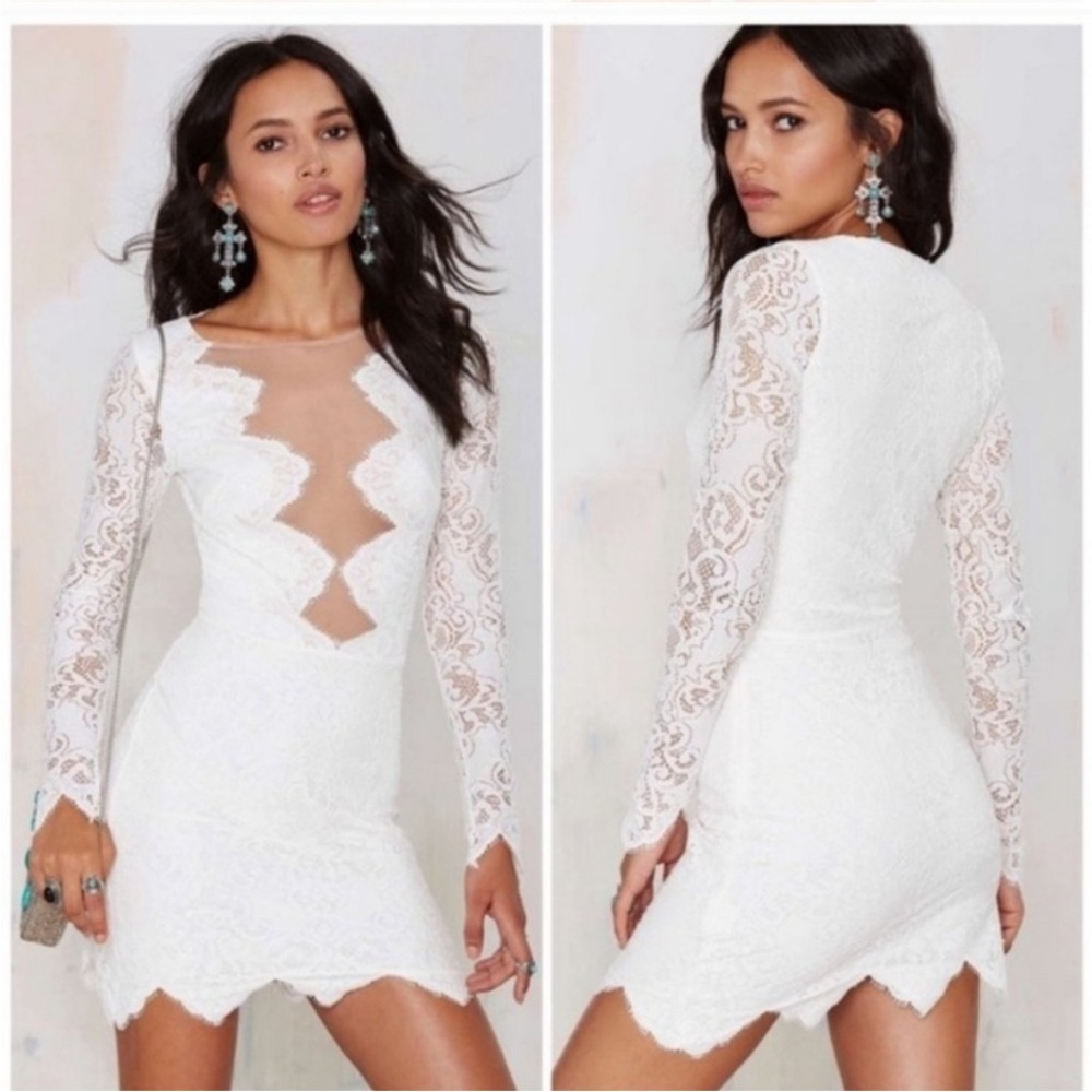 For Love & Lemons White Noir Lace Dress Long Sleeve Mini Boho Bride Sz Large